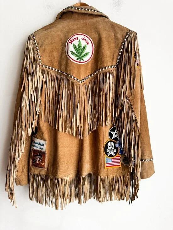Vintage Light Beige Fringe Suede Jacket with Patches S - Picture 14 of 15